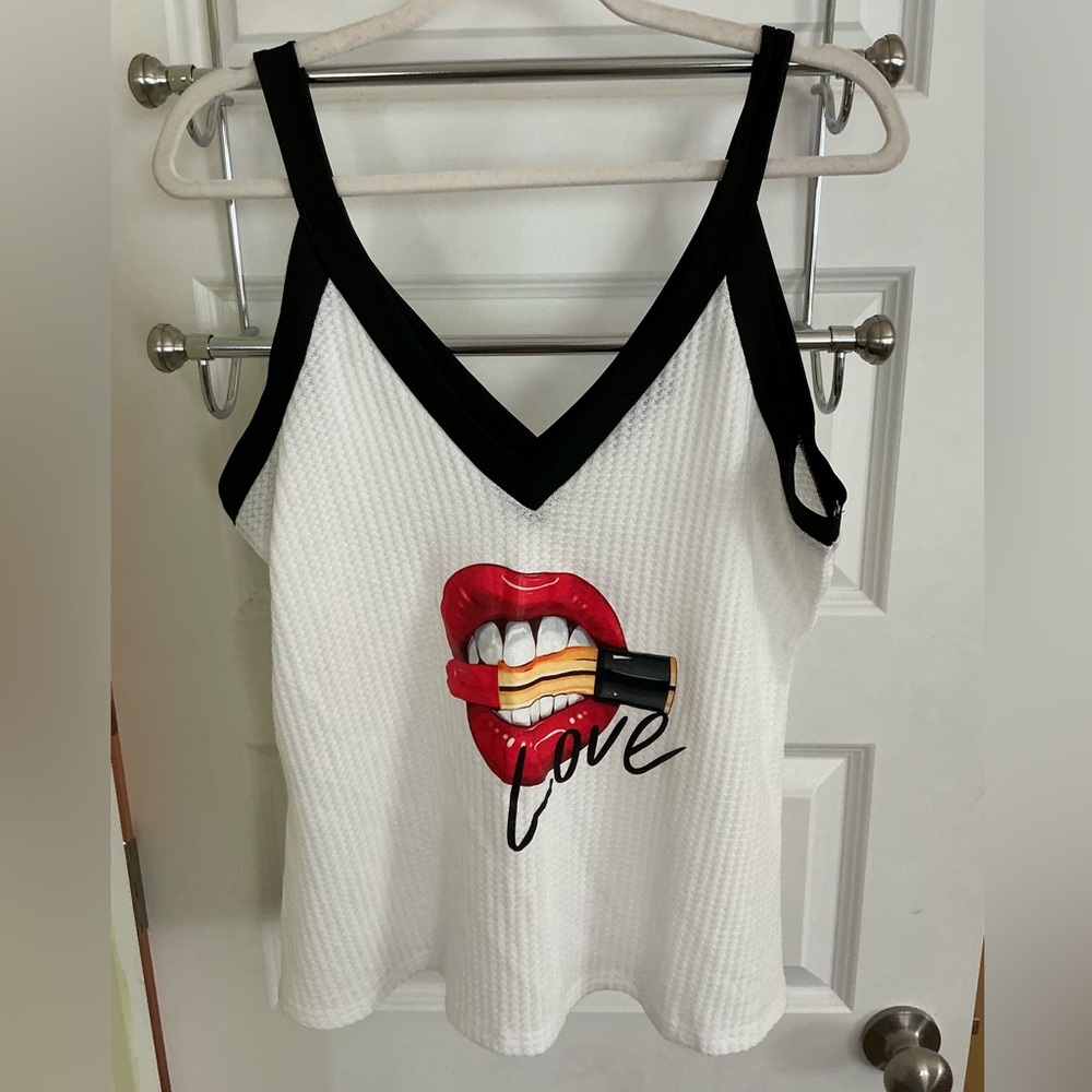 White and Black Women's Top with Lipstick Graphic